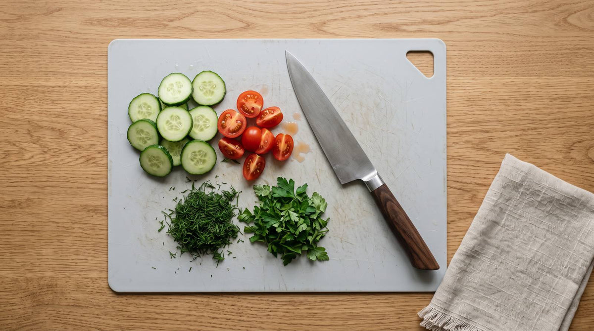 Skjærebrett i silikon med knivmerker, kniv, agurk, tomater og urter, sett ovenfra