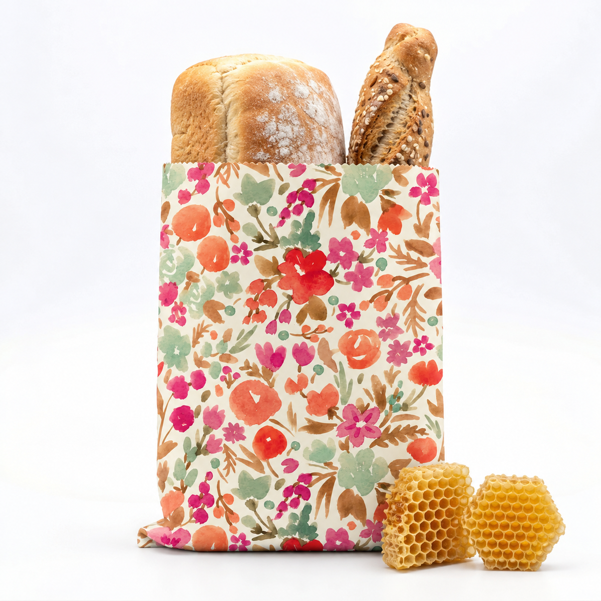 Brødpose i økologisk bomull og bivoks fra Little Bee Fresh, mønster Blossom Magic