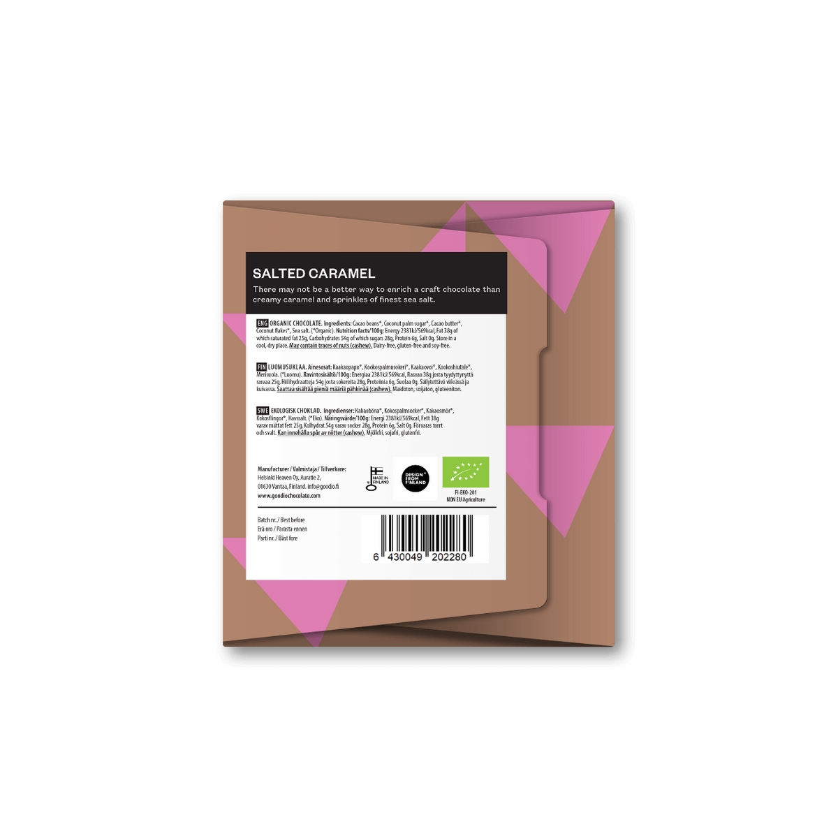 Baksiden av Økologisk Sjokolade Salted Caramel 49 % med ingredienser og næringsinnhold