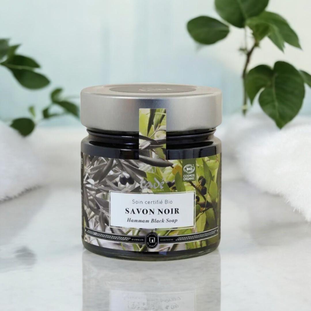 Savon Noir fra Tadé, svart såpe til ansikt og kropp i glasskrukke