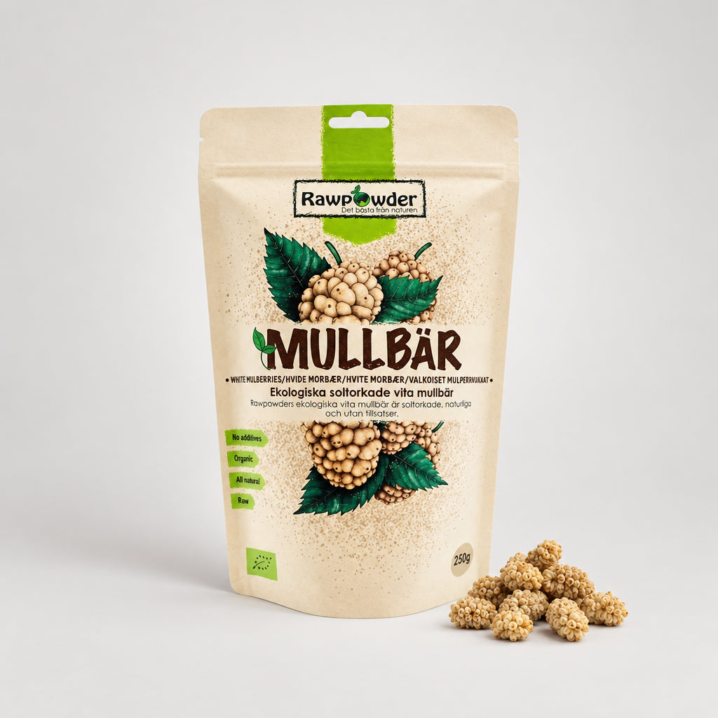Hvite soltørkede morbær, økologisk fra svenske Rawpowder, 250 gram