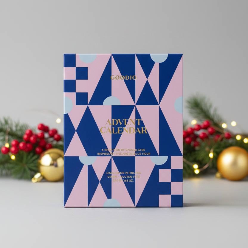 Adventskalender 2026 Blue Hour med økologisk og vegansk sjokolade fra Goodio Chocolate